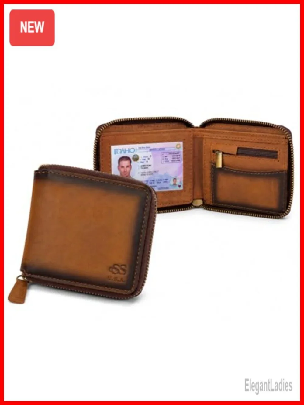 Handmade Teak Leather Bifold Wallet with Zipper – 8 Card Slots, Coin Pocket